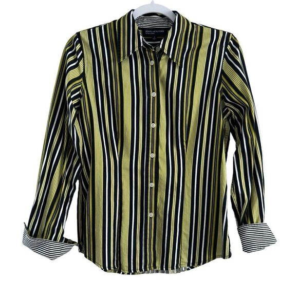 Jones New York Signature Cotton Blue/Green Striped Blouse Flip Cuff Women’s‎ S - Picture 1 of 6